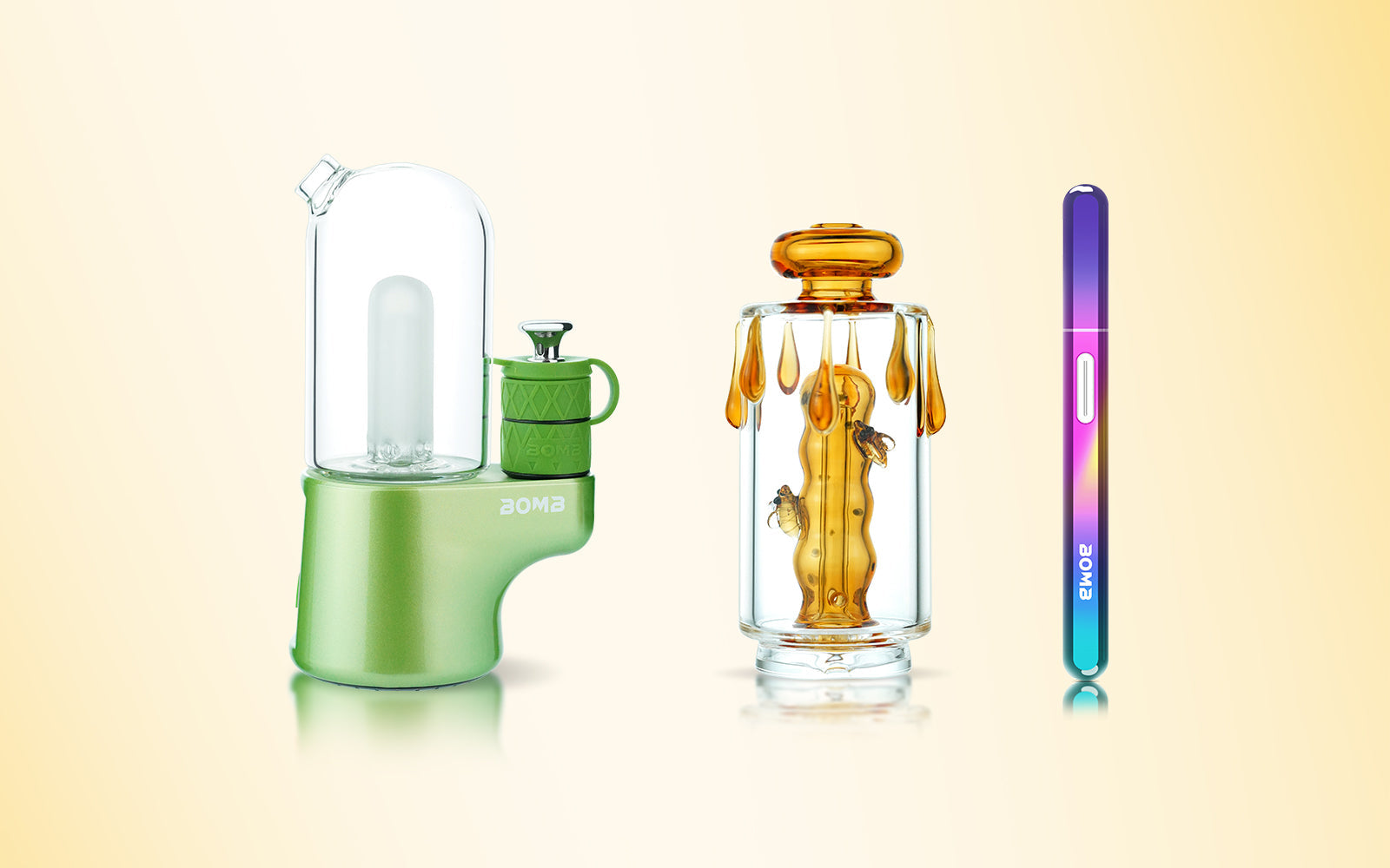 Introducing the Ultimate Dabbing Trio: BOMB's Lime Magloud E-Rig, Hot Knife, and Honey Glass Top